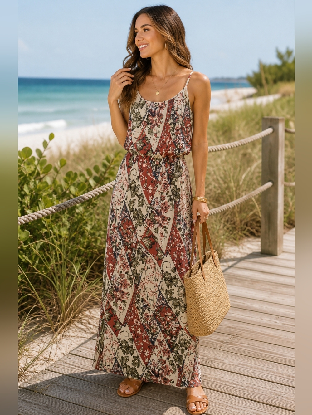 Naif Boho Maxi Dress M Floral Patchwork Sleeveless Resort Coastal